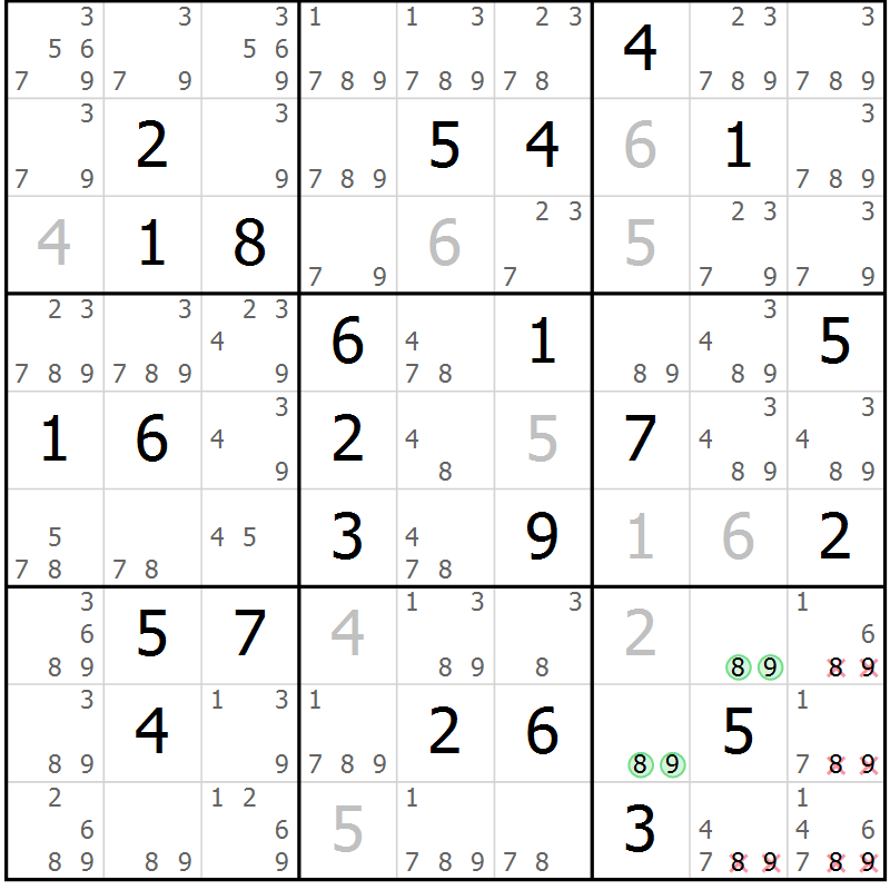 Position des candidats pour la solution de la Gr 71 page 74 du magazine de sudoku Maestro n° 102