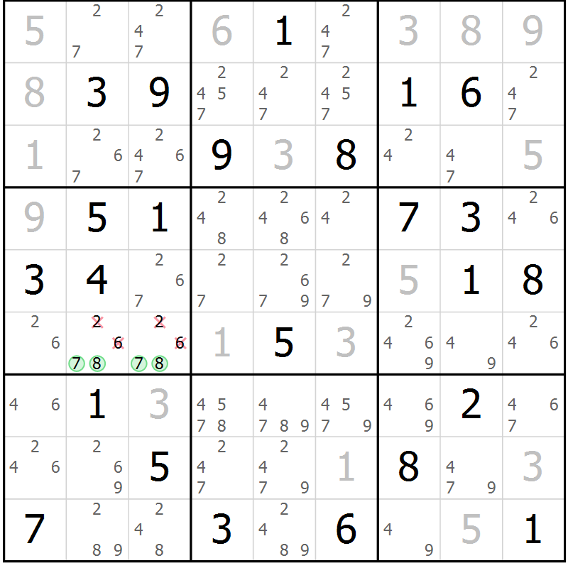 Position des candidats pour la solution de la Gr 72 page 75 du magazine de sudoku Maestro n° 102