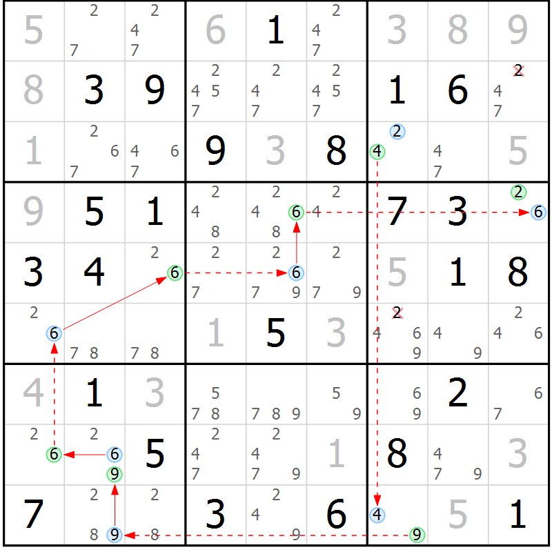 Position des candidats pour la solution de la Gr 72 page 75 du magazine de sudoku Maestro n° 102