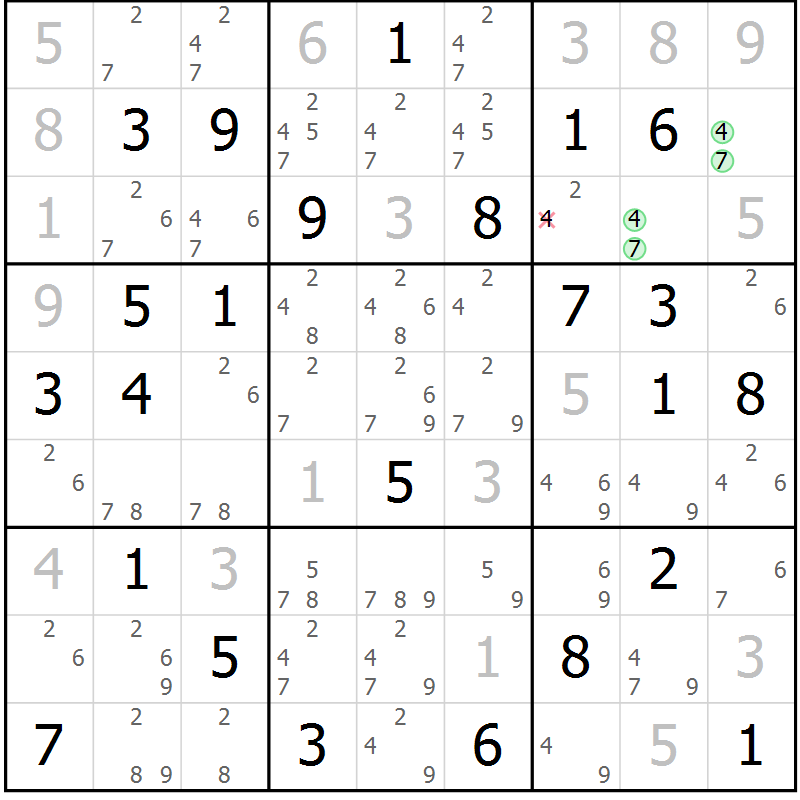 Position des candidats pour la solution de la Gr 72 page 75 du magazine de sudoku Maestro n° 102