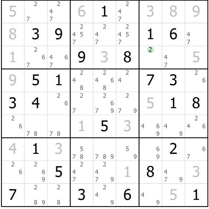 Position des candidats pour la solution de la Gr 72 page 75 du magazine de sudoku Maestro n° 102