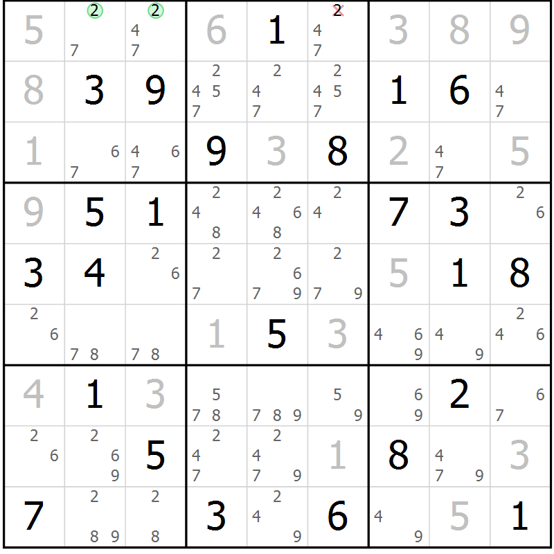 Position des candidats pour la solution de la Gr 72 page 75 du magazine de sudoku Maestro n° 102
