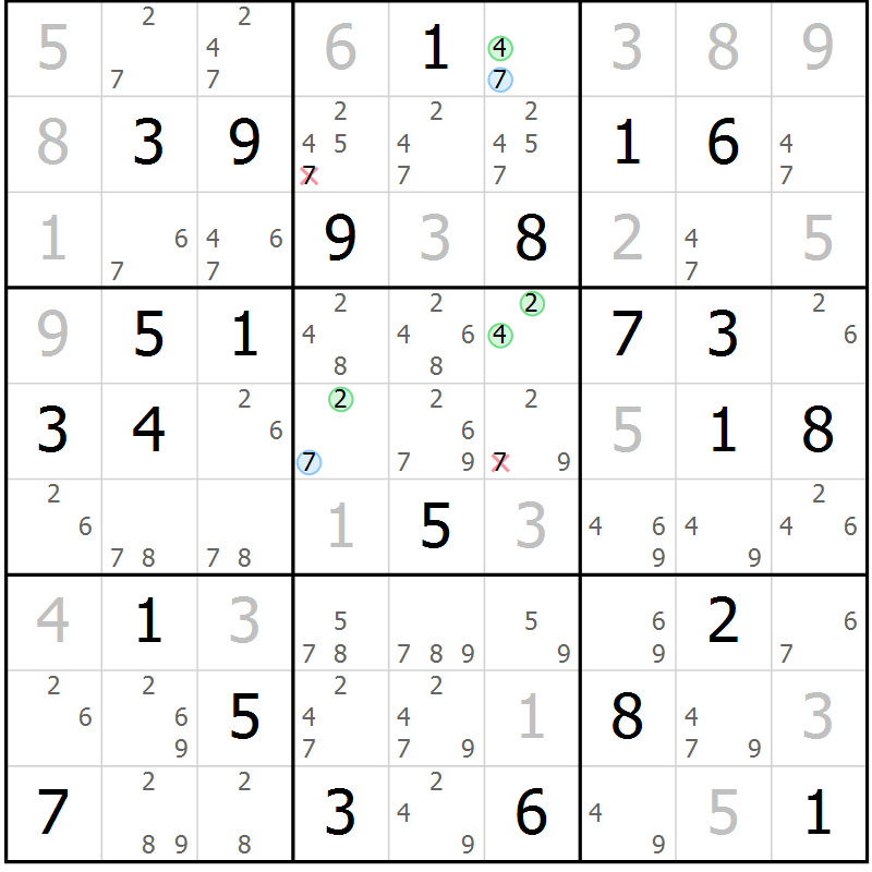 Position des candidats pour la solution de la Gr 72 page 75 du magazine de sudoku Maestro n° 102