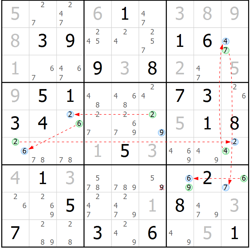 Position des candidats pour la solution de la Gr 72 page 75 du magazine de sudoku Maestro n° 102