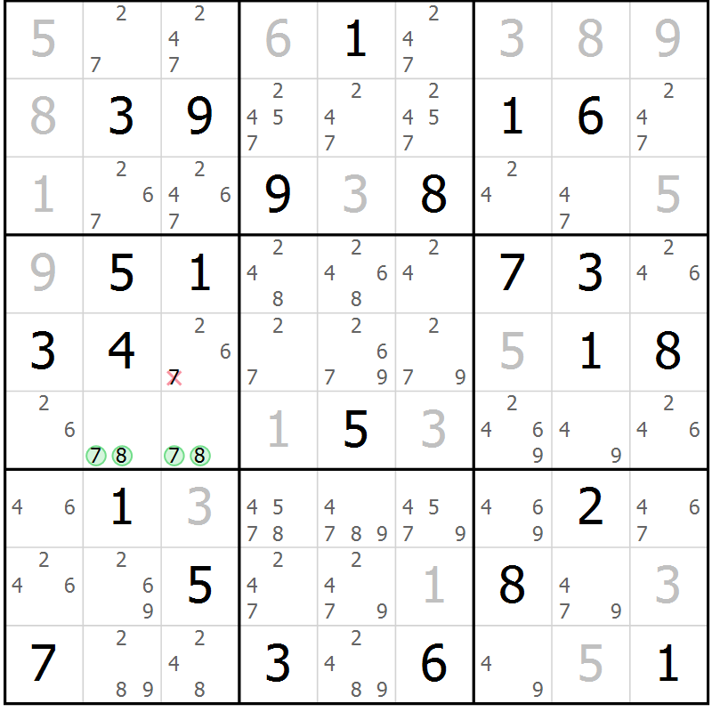 Position des candidats pour la solution de la Gr 72 page 75 du magazine de sudoku Maestro n° 102