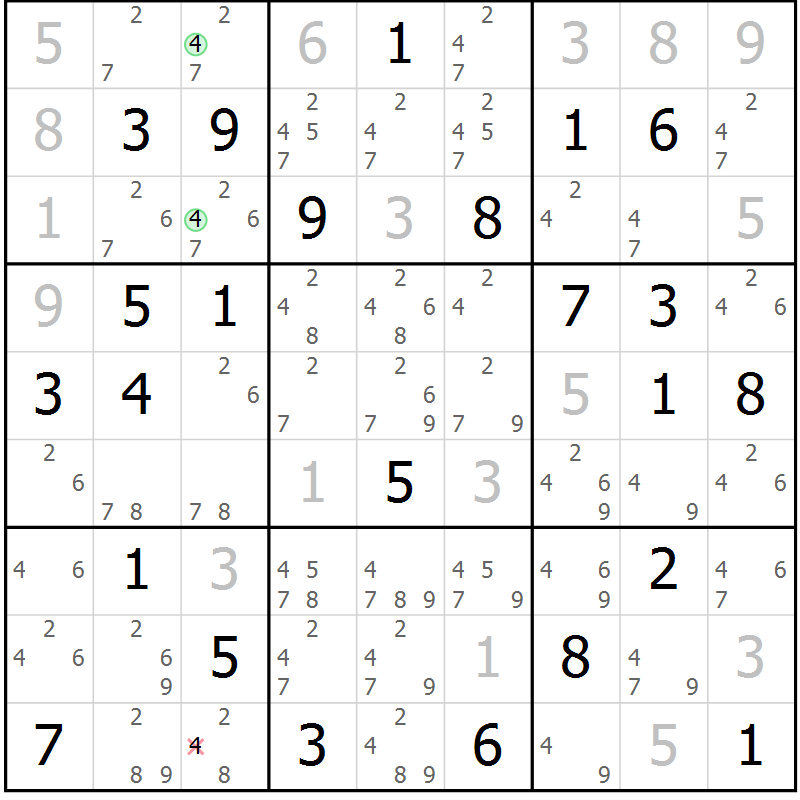 Position des candidats pour la solution de la Gr 72 page 75 du magazine de sudoku Maestro n° 102