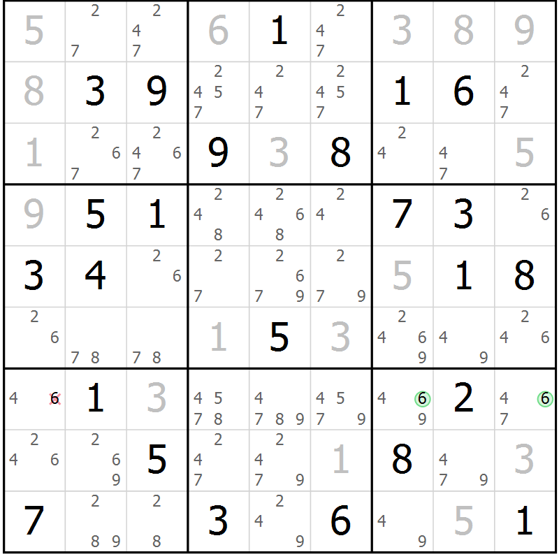 Position des candidats pour la solution de la Gr 72 page 75 du magazine de sudoku Maestro n° 102