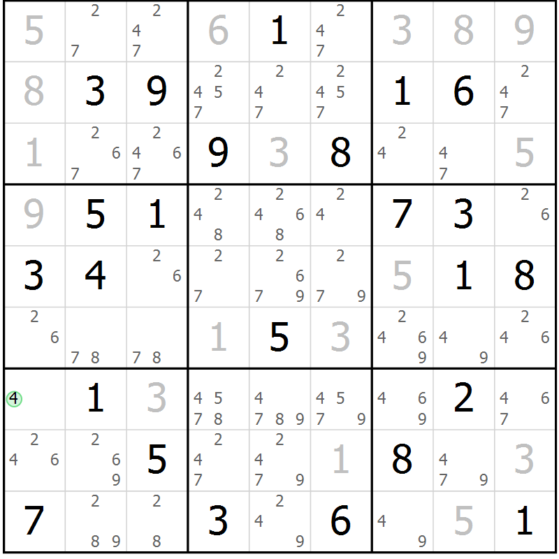 Position des candidats pour la solution de la Gr 72 page 75 du magazine de sudoku Maestro n° 102