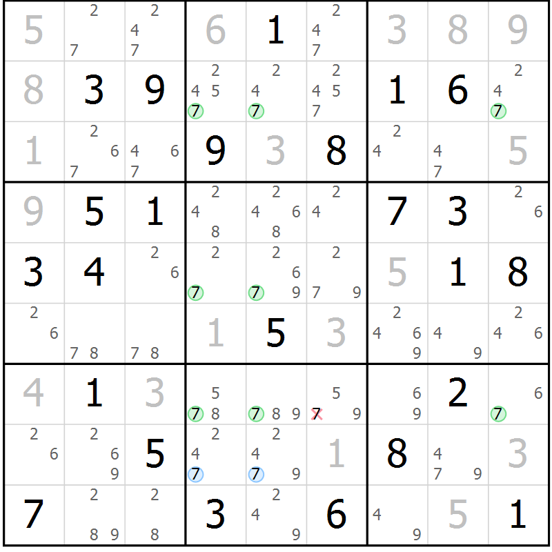 Position des candidats pour la solution de la Gr 72 page 75 du magazine de sudoku Maestro n° 102