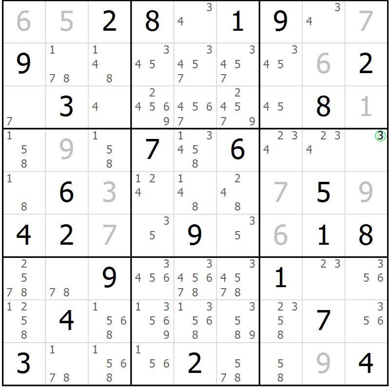 Position des candidats pour la solution de la Gr 73 page 76 du magazine de sudoku Maestro n° 102
