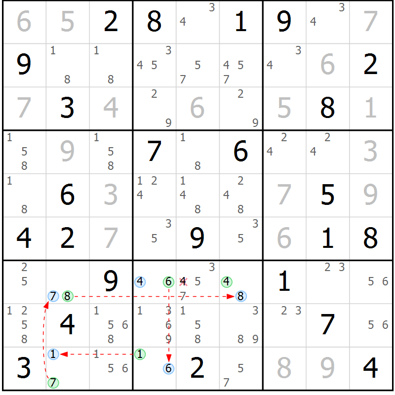 Position des candidats pour la solution de la Gr 73 page 76 du magazine de sudoku Maestro n° 102