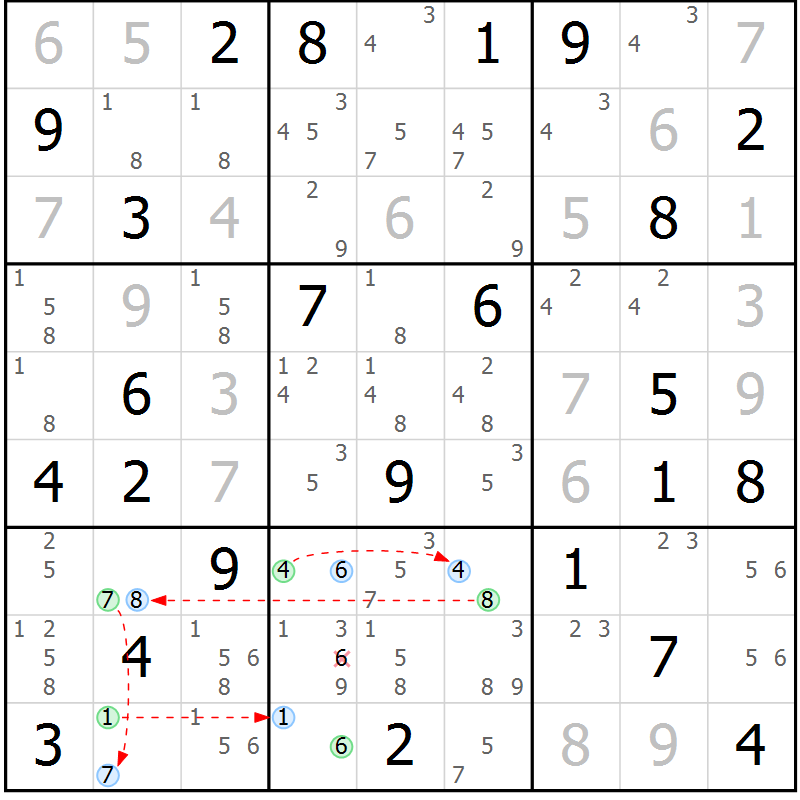 Position des candidats pour la solution de la Gr 73 page 76 du magazine de sudoku Maestro n° 102
