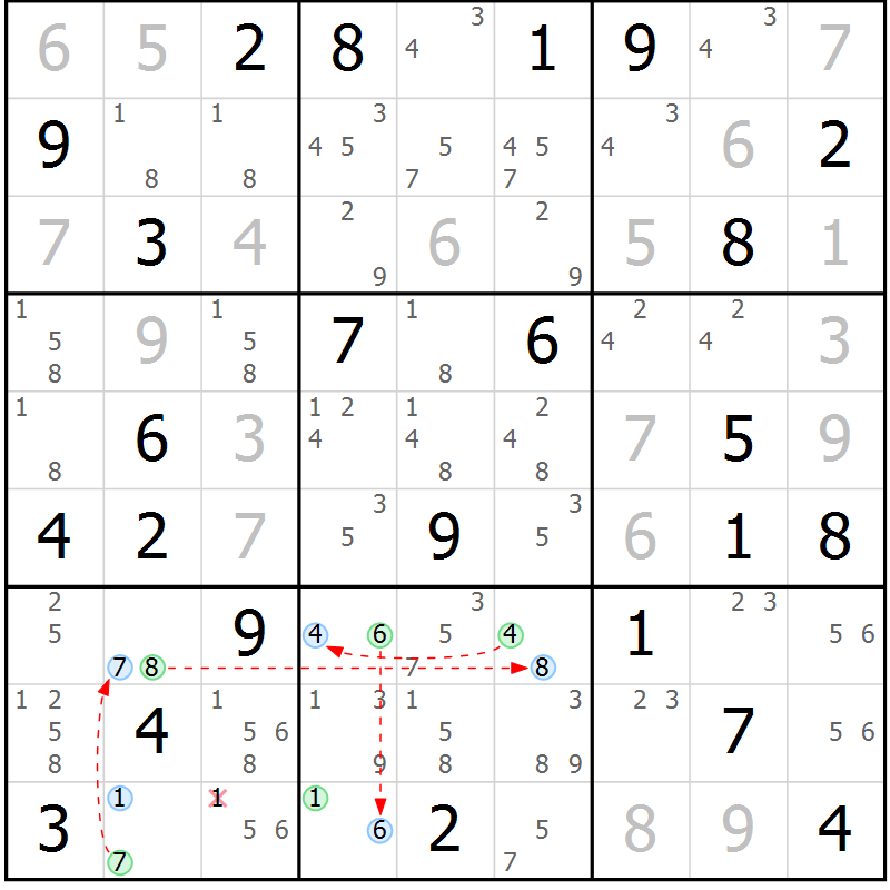 Position des candidats pour la solution de la Gr 73 page 76 du magazine de sudoku Maestro n° 102