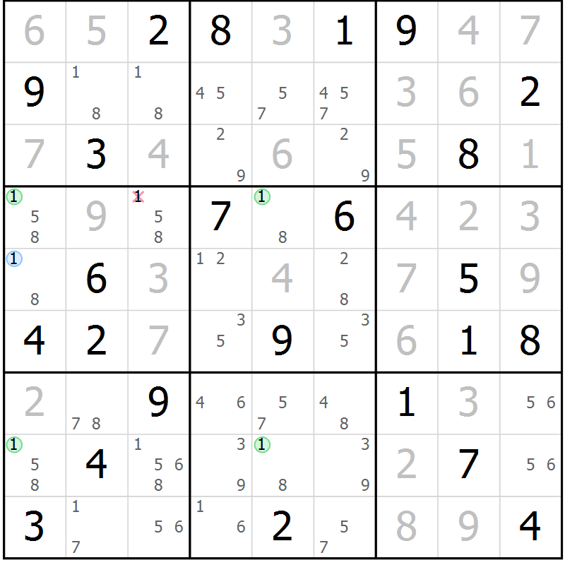 Position des candidats pour la solution de la Gr 73 page 76 du magazine de sudoku Maestro n° 102