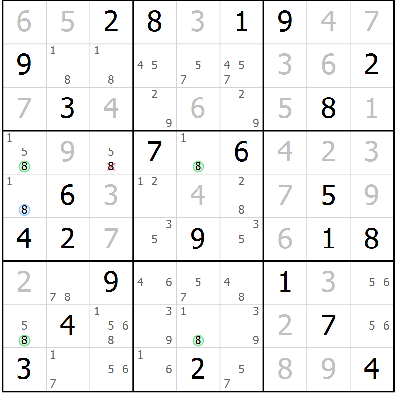 Position des candidats pour la solution de la Gr 73 page 76 du magazine de sudoku Maestro n° 102