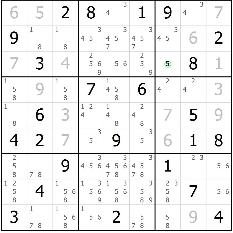 Position des candidats pour la solution de la Gr 73 page 76 du magazine de sudoku Maestro n° 102