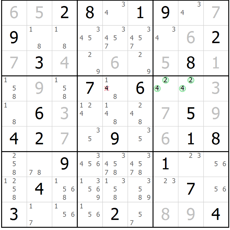 Position des candidats pour la solution de la Gr 73 page 76 du magazine de sudoku Maestro n° 102