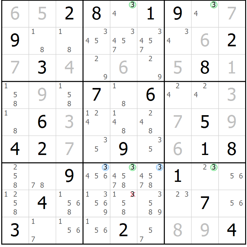 Position des candidats pour la solution de la Gr 73 page 76 du magazine de sudoku Maestro n° 102