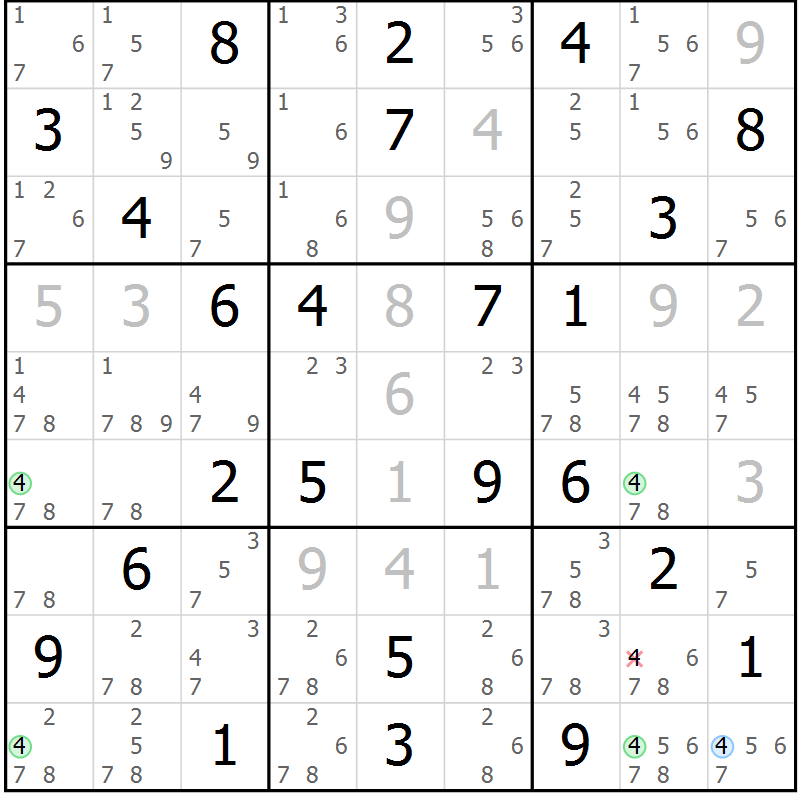 Position des candidats pour la solution de la Gr 74 page 77 du magazine de sudoku Maestro n° 102