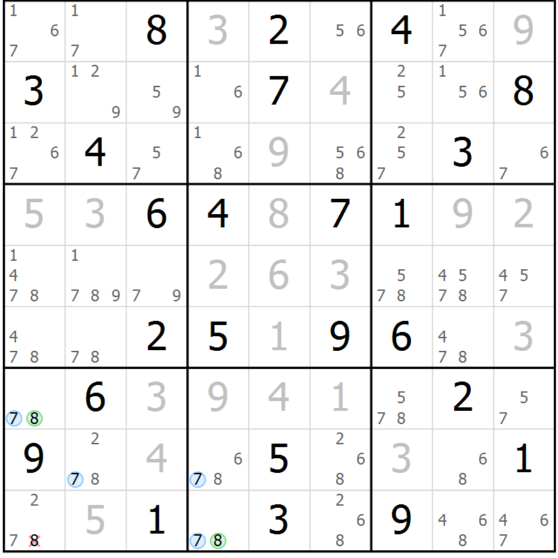 Position des candidats pour la solution de la Gr 74 page 77 du magazine de sudoku Maestro n° 102