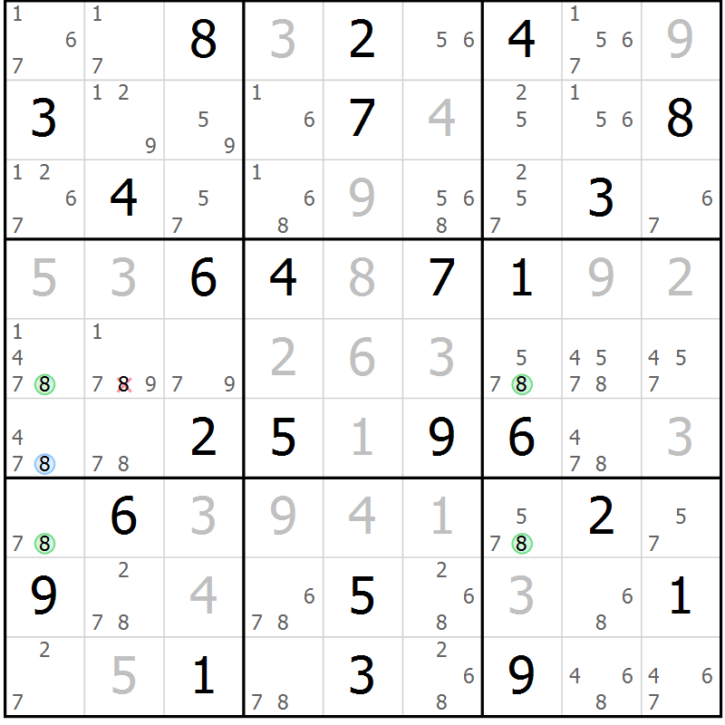 Position des candidats pour la solution de la Gr 74 page 77 du magazine de sudoku Maestro n° 102