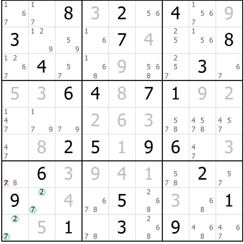 Position des candidats pour la solution de la Gr 74 page 77 du magazine de sudoku Maestro n° 102