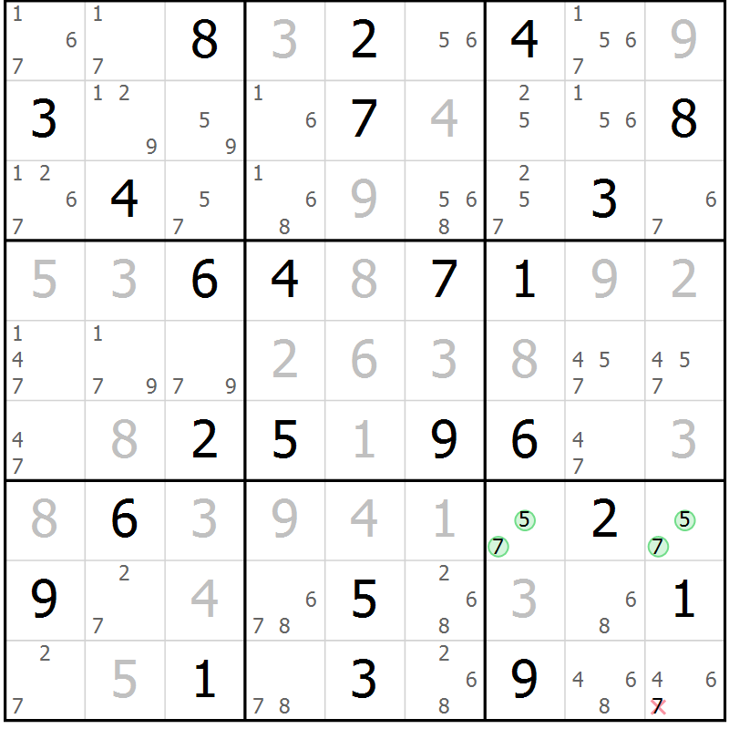 Position des candidats pour la solution de la Gr 74 page 77 du magazine de sudoku Maestro n° 102