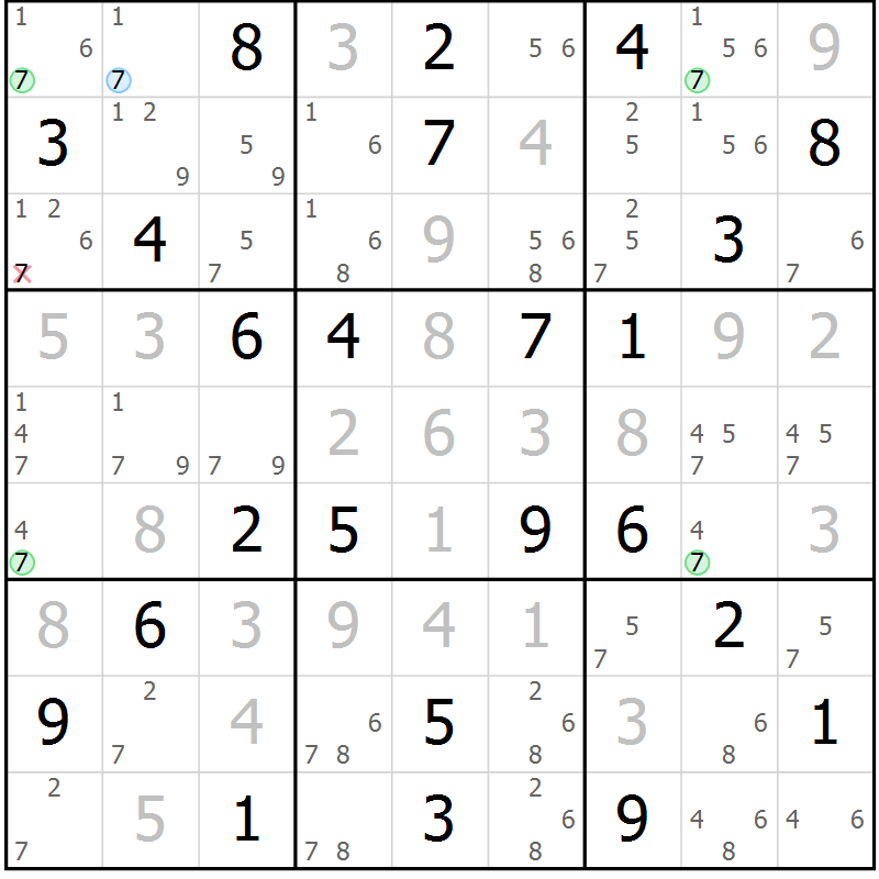 Position des candidats pour la solution de la Gr 74 page 77 du magazine de sudoku Maestro n° 102