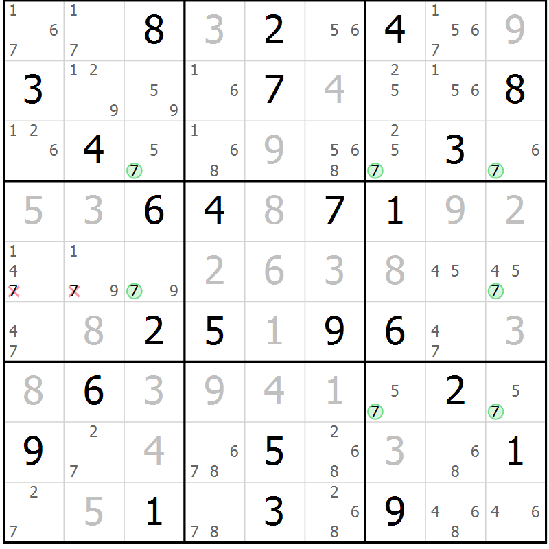 Position des candidats pour la solution de la Gr 74 page 77 du magazine de sudoku Maestro n° 102