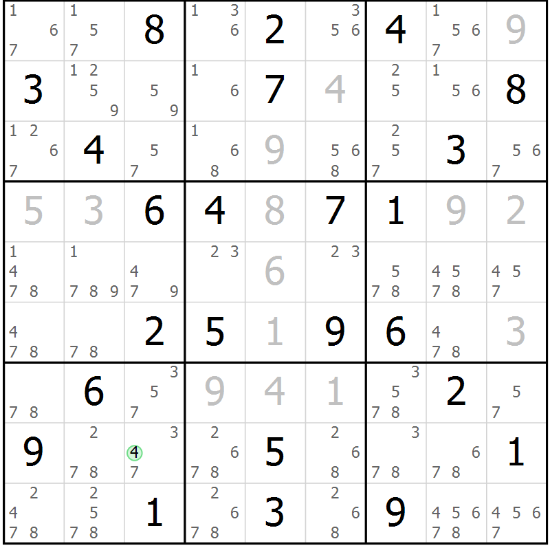 Position des candidats pour la solution de la Gr 74 page 77 du magazine de sudoku Maestro n° 102