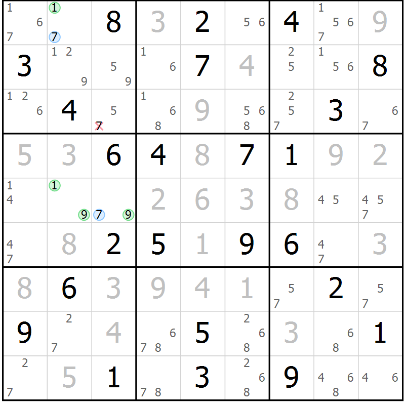 Position des candidats pour la solution de la Gr 74 page 77 du magazine de sudoku Maestro n° 102