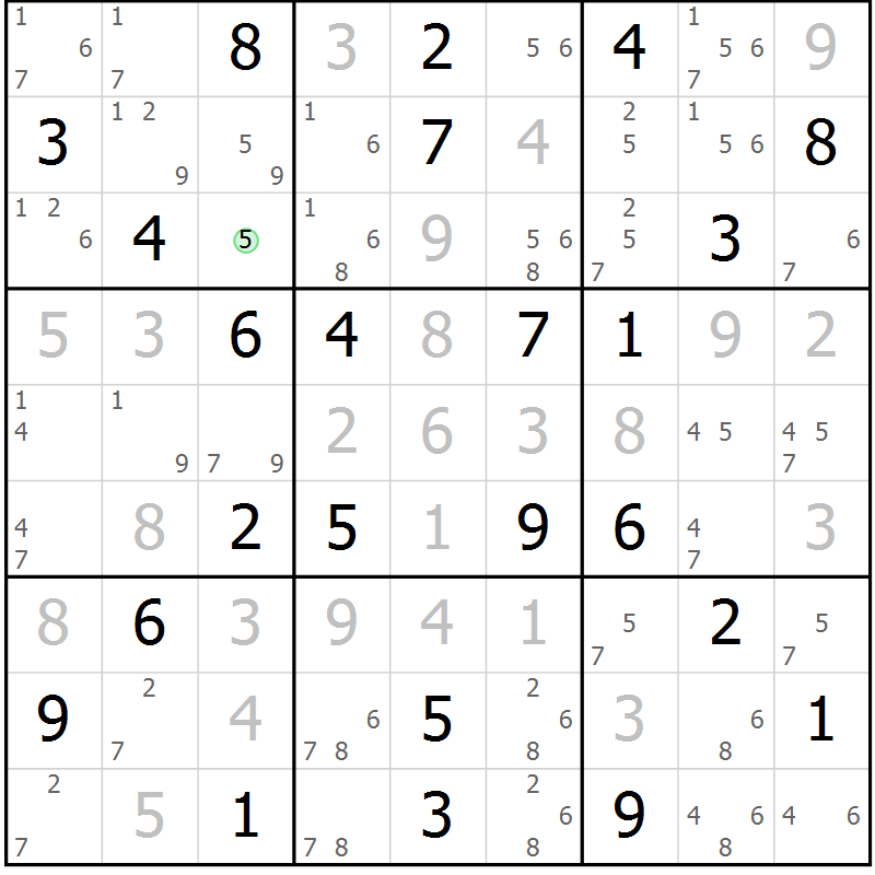 Position des candidats pour la solution de la Gr 74 page 77 du magazine de sudoku Maestro n° 102
