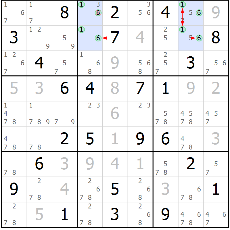 Position des candidats pour la solution de la Gr 74 page 77 du magazine de sudoku Maestro n° 102