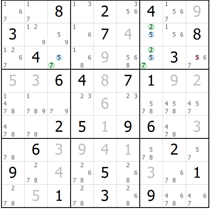 Position des candidats pour la solution de la Gr 74 page 77 du magazine de sudoku Maestro n° 102