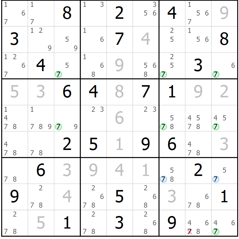 Position des candidats pour la solution de la Gr 74 page 77 du magazine de sudoku Maestro n° 102