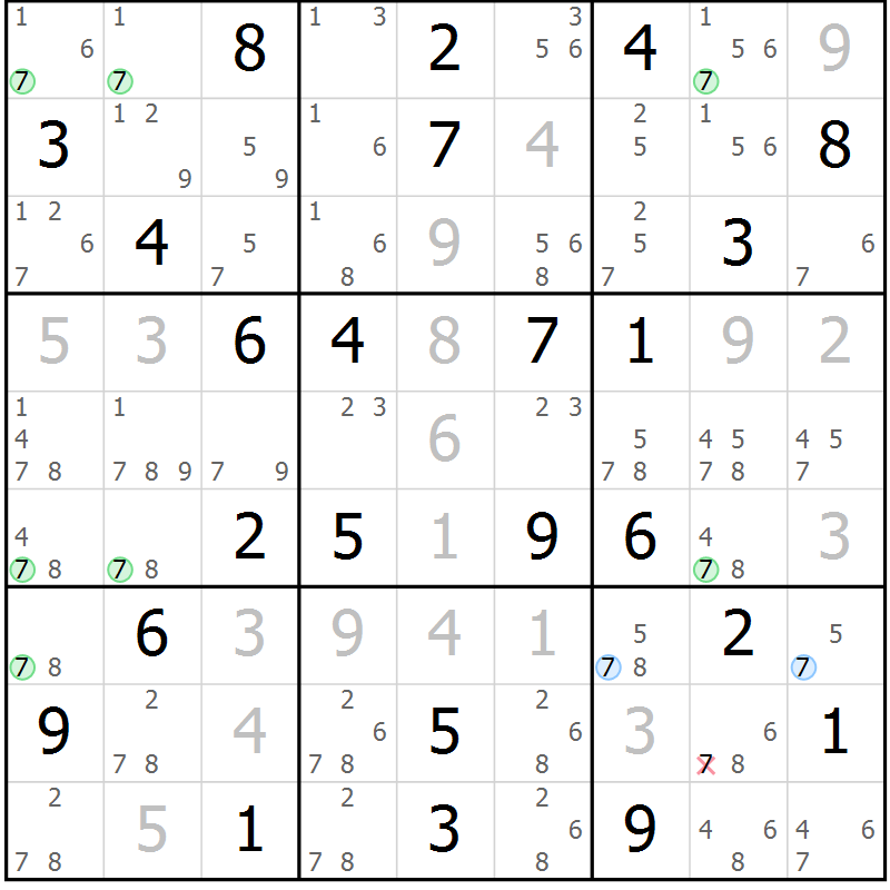 Position des candidats pour la solution de la Gr 74 page 77 du magazine de sudoku Maestro n° 102