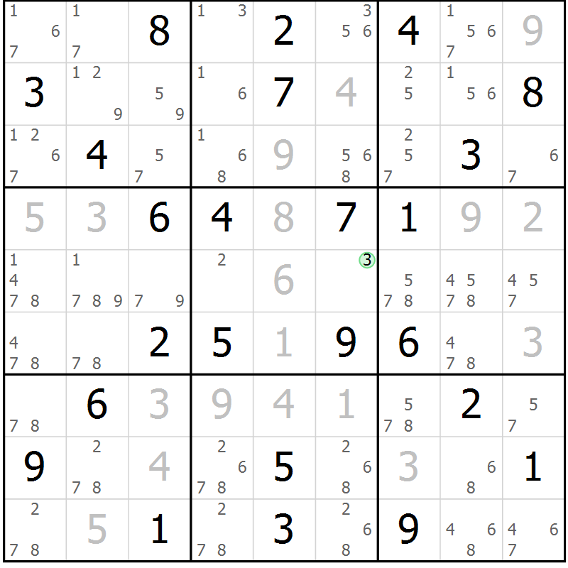 Position des candidats pour la solution de la Gr 74 page 77 du magazine de sudoku Maestro n° 102