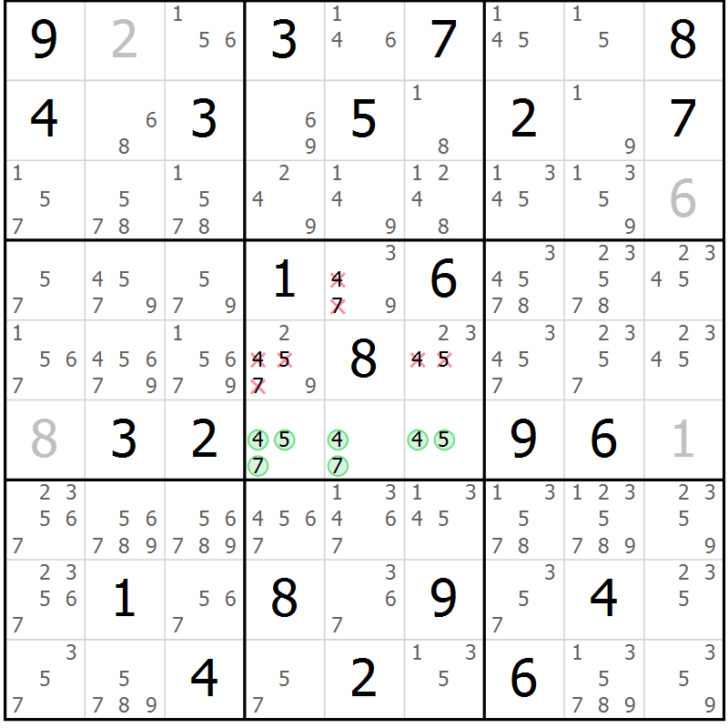 Position des candidats pour la solution de la Gr 75 page 78 du magazine de sudoku Maestro n° 102