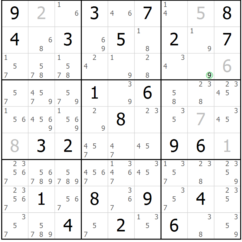 Position des candidats pour la solution de la Gr 75 page 78 du magazine de sudoku Maestro n° 102