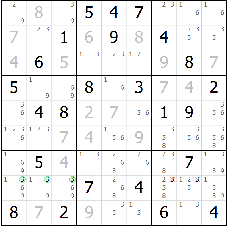 Position des candidats pour la solution de la Gr 76 page 79 du magazine de sudoku Maestro n° 102