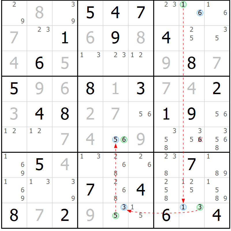 Position des candidats pour la solution de la Gr 76 page 79 du magazine de sudoku Maestro n° 102