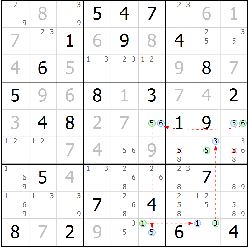 Position des candidats pour la solution de la Gr 76 page 79 du magazine de sudoku Maestro n° 102