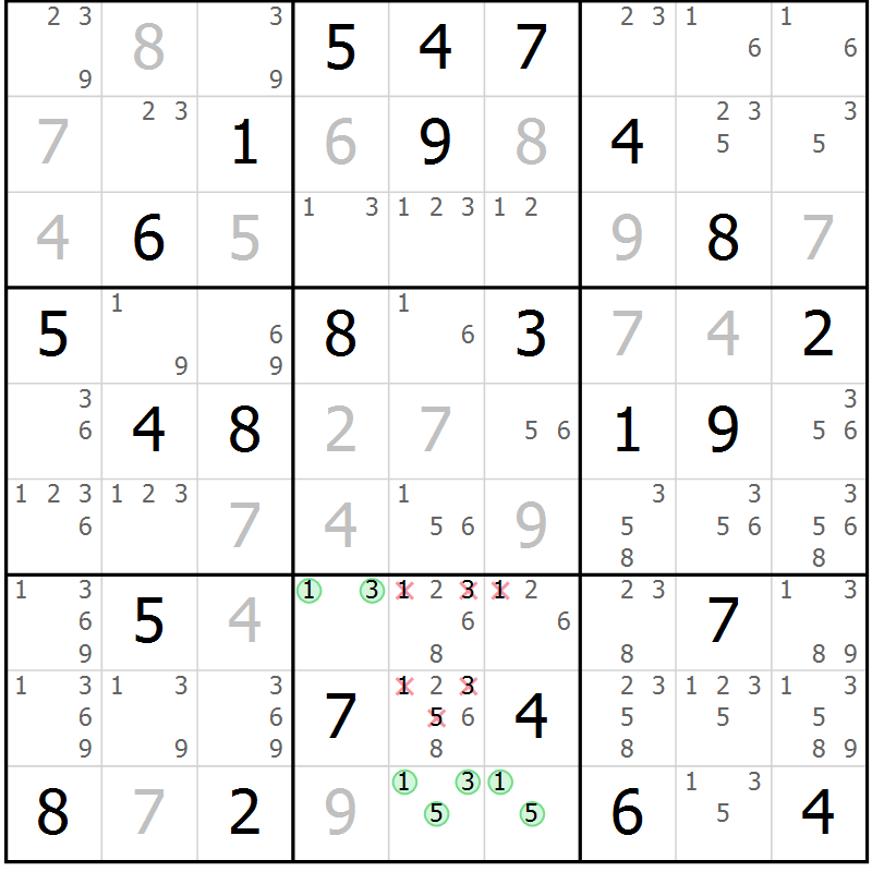 Position des candidats pour la solution de la Gr 76 page 79 du magazine de sudoku Maestro n° 102