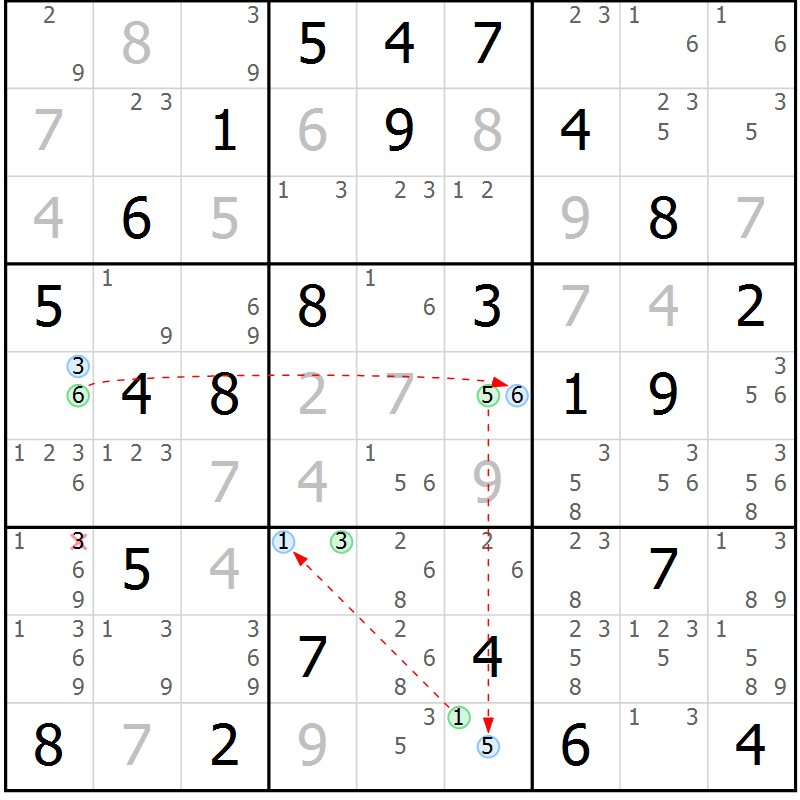 Position des candidats pour la solution de la Gr 76 page 79 du magazine de sudoku Maestro n° 102