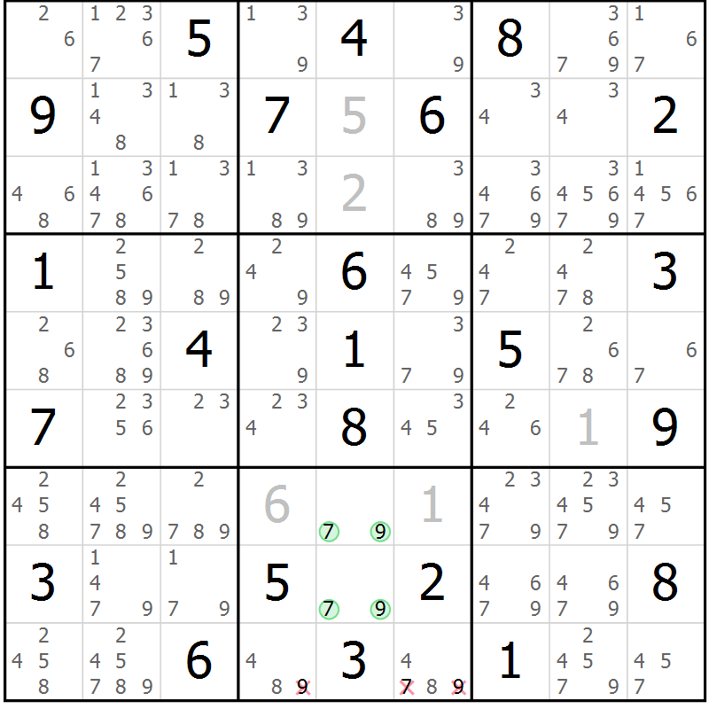Position des candidats pour la solution de la Gr 77 page 80 du magazine de sudoku Maestro n° 102