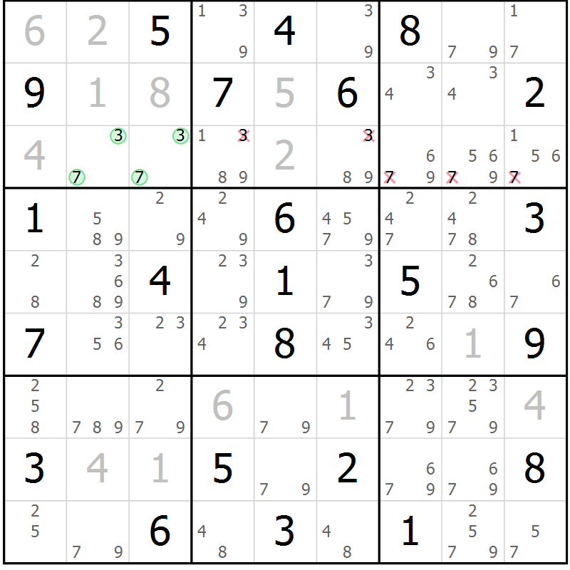 Position des candidats pour la solution de la Gr 77 page 80 du magazine de sudoku Maestro n° 102