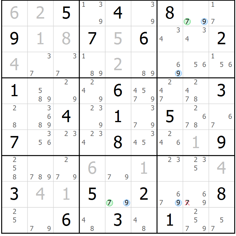 Position des candidats pour la solution de la Gr 77 page 80 du magazine de sudoku Maestro n° 102