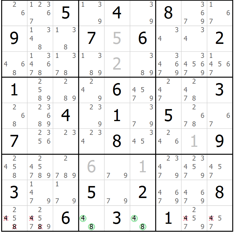 Position des candidats pour la solution de la Gr 77 page 80 du magazine de sudoku Maestro n° 102