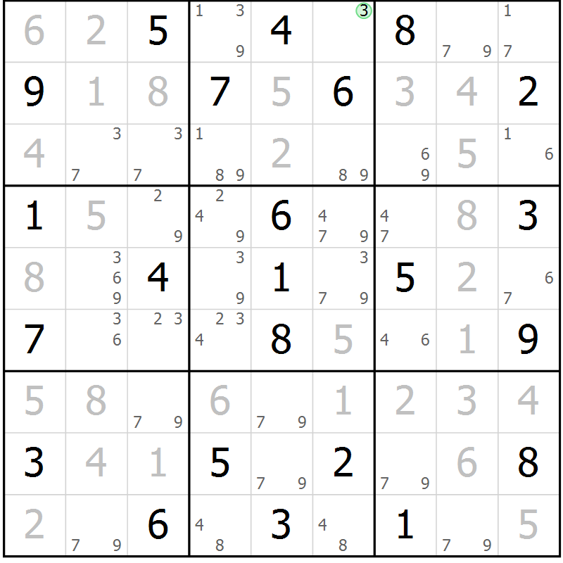 Position des candidats pour la solution de la Gr 77 page 80 du magazine de sudoku Maestro n° 102