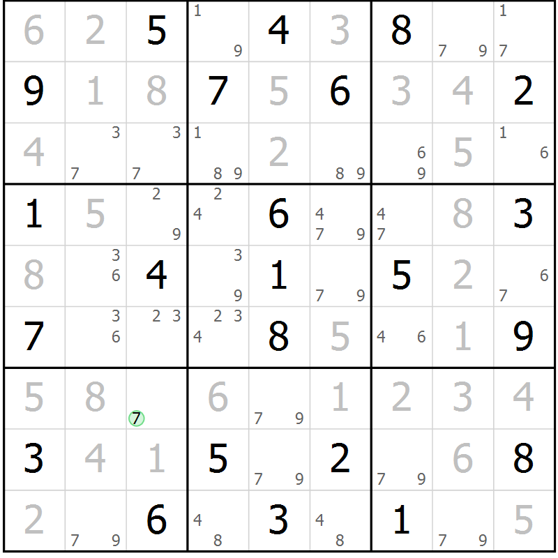 Position des candidats pour la solution de la Gr 77 page 80 du magazine de sudoku Maestro n° 102